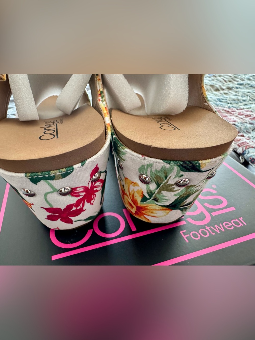 Corkys Floral Print Wedge Sandals - White with Red & Yellow Blooms - Picture 3 of 7